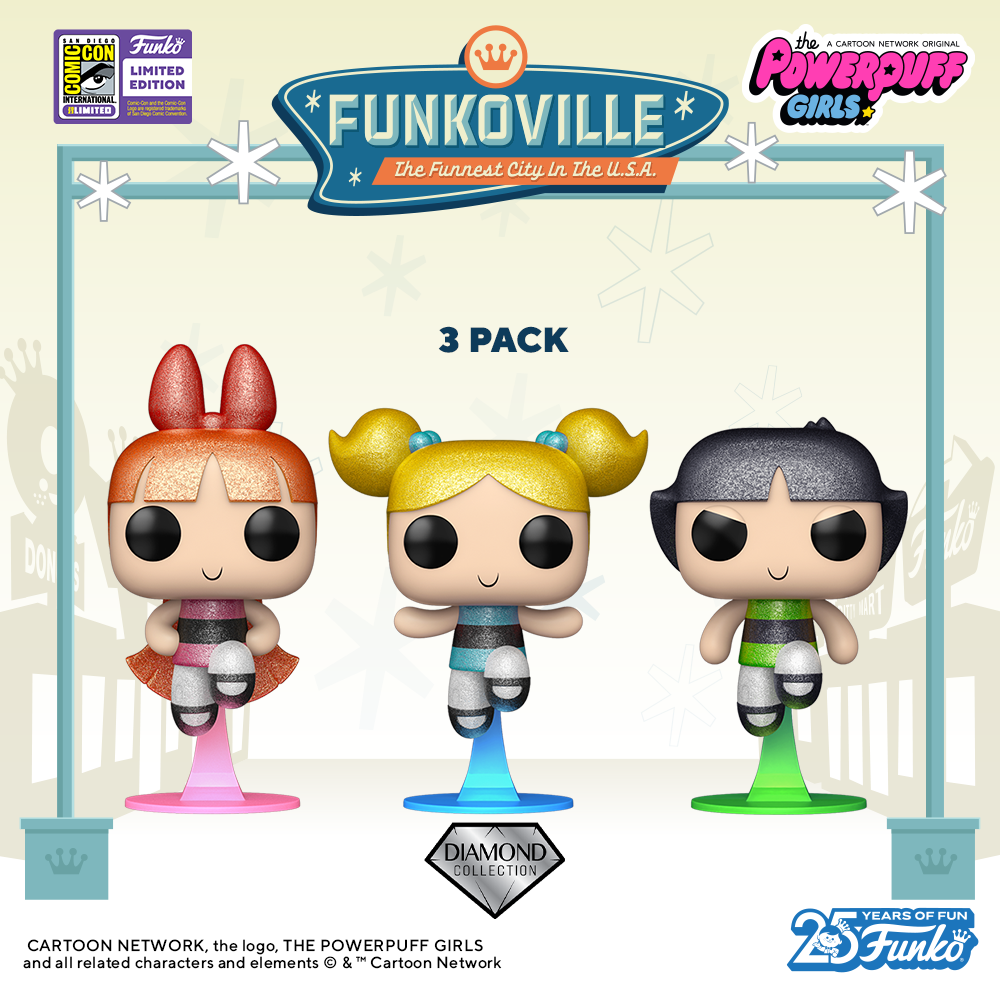 With the combined power of sugar, spice, and everything nice Funko and Warner Brothers have partnered to create an SDCC-exclusive 3-pack of Pop! Blossom, Pop! Bubbles, and Pop! Buttercup. This glitter-edition of the girls has them sparkling, in power pose flight, with coordinating colored bases.